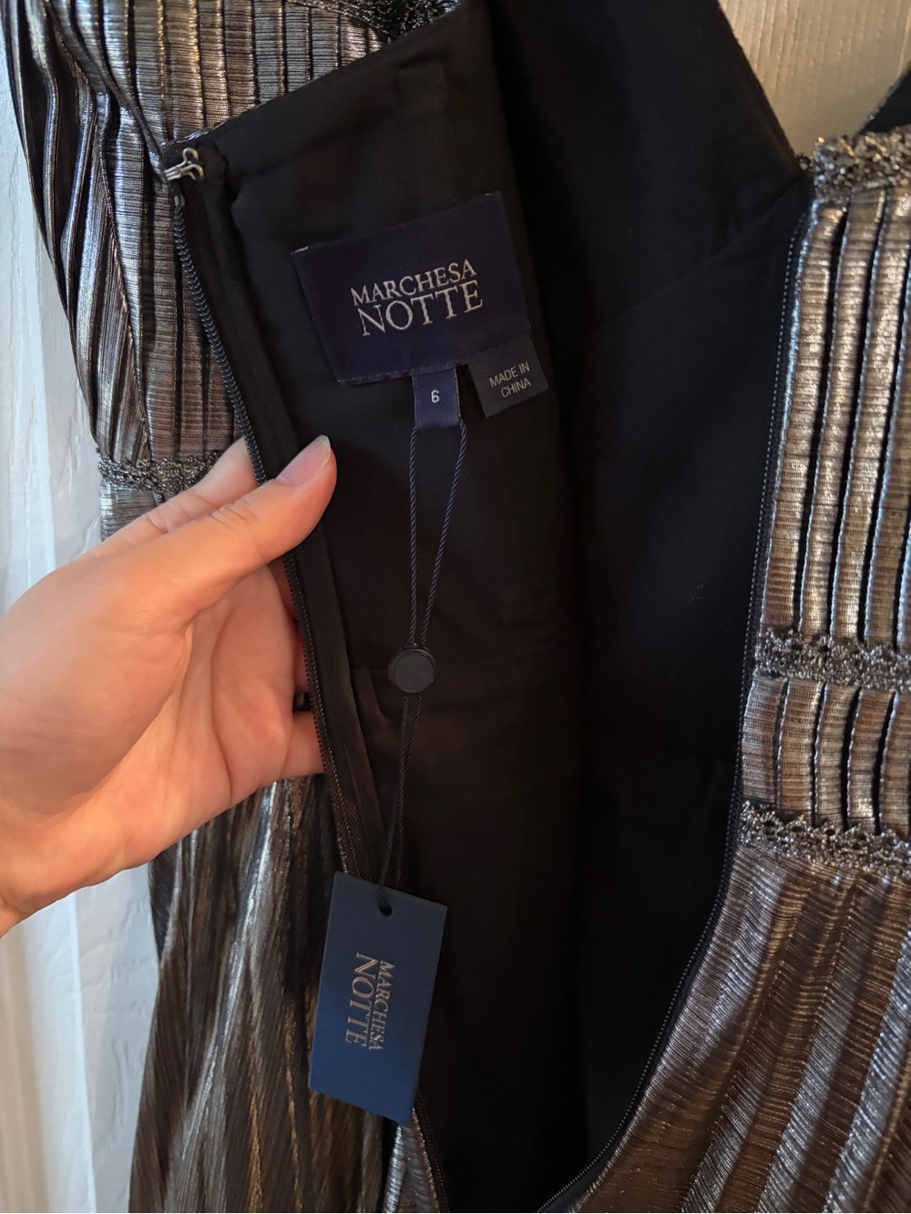 Metallic Silver Pleated Evening Dress with Spaghetti Straps - Picture 7 of 7